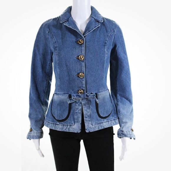 Revolve Cormio Cynthia Collared Button Down Bow Detail Denim Jean Jacket Size L - Picture 7 of 12